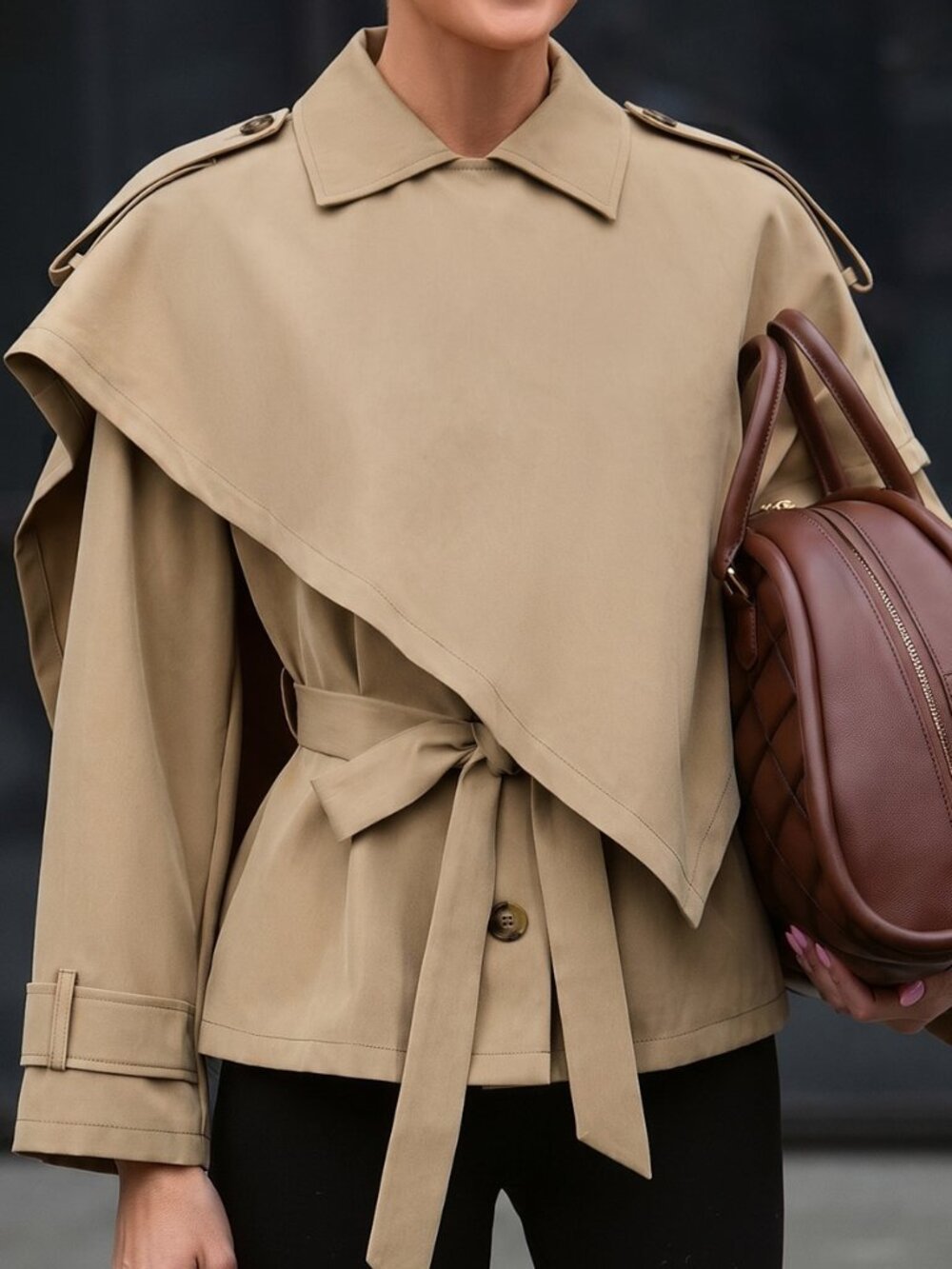 Khaki Elegant Women's Asymmetrical Batwing Long Trench Coat - Picture 4 of 6